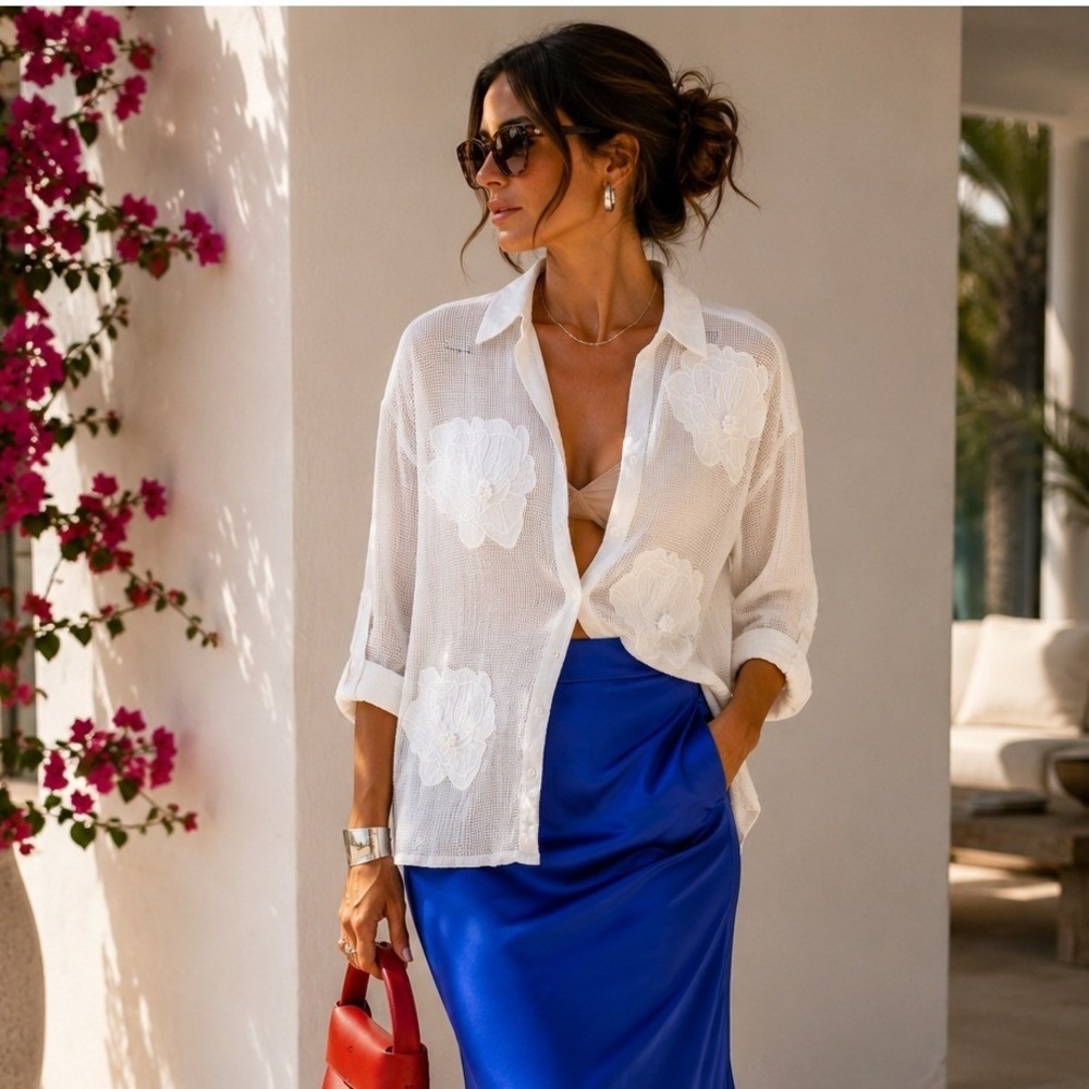 Blue Island Offwhite Mesh Floral Applique Button Up Shirt Women S Boho Cover Up